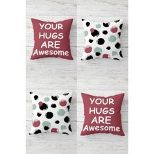 Your Hugs Are Awesome Sevgili Gizli Fermuarlı Kırlent Kılıfı Koltuk Yastık Kılıfı TAKIM(4ADET), Bordo-Yeşil 43 x 43