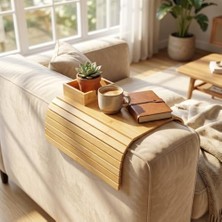 TeknoKapsül Bambu Koltuk Kenarı Tepsisi ve Organizer - Katlanabilir Bölmeli Ahşap Kanepe Yanı Sehpa, Bardaklık ve Kumandalık (41 x 33.5 x 4.5 Cm)
