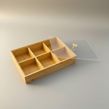 TeknoKapsül Bambu Organizer Kutu, 6 Bölmeli, Şeffaf Kapaklı, Kristal Kulplu, 30X20X6 Cm, Çay ve Baharat Düzenleyici, Takı Düzenleyici