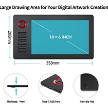 TeknoKapsül A15 Pro 10X6 Inç Profesyonel Grafik Tablet, 8192 Seviye Pilsiz Kalem, 12 Kısayol Tuşu ve Döner Kontrol Düğmesi, Windows/mac/android Uyumlu