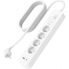 TeknoKapsül 4'lü Çoklu Priz, Yüksek Gerilim Korumalı, Duvara Montaj, 4 Priz, 2 M Güç Kablosu, Yeşil Işıklı Gösterge, Hızlı Şarj Için USB C Pd’li Usb-C ve Usb-A Bağlantısı; 525 Jul Koruma