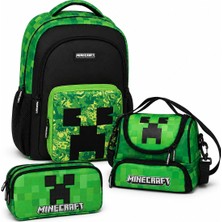 Minecraft Lisanslı Creeper 3'lü Okul Çantası Seti Yeşil Siyah – Sırt Çantası, Beslenme Çantası ve Kalemlik