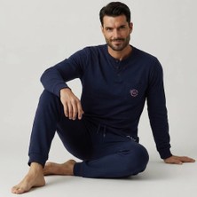 Bonbon Erkek Pamuklu Yakası Düğmeli Cepli Hediyelik Bohçalık Ve Çeyizlik Lacivert Renk Pijama Takımı AL007 V1