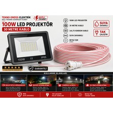 TEKNO 30 Metre 100 Watt Seyyar LED Projektör Beyaz Işık Aydınlatma Su Geçirmez Dış Mekan IP65 Tak Çalıştır