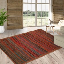 Perhal J14 Renkli Çizgili Kilim – Kırmızı Turuncu Mavi Geometrik Desenli Halı Kilim