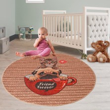 Perhal JY45 Yuvarlak Kilim – Kedi ve Pug Köpek Desenli Çocuk Odası Halı Kilim