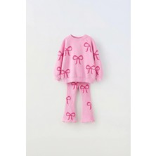 Magu Kız Çocuk Fiyonk Desenli Pembe Sweatshirt ve Ispanyol Paça Tayt Takımı