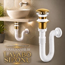 Badem10 Popup Seramik Bas Aç Lavabo Sifonu Altın Gider Körüklü Boru Koku Önleyici Zamak Somunlu Sifon Seti