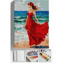 Corvo Sayılarla Boyama Seti Numaralı Tuval Fırça Boya Askı Aparatı Dahil Set 40X50 cm - Kırmızı Elbiseli Kadın