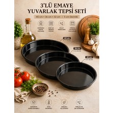 Alev Emaye 3’lü Emaye Yuvarlak Tepsi Seti 40 cm 36 cm 32 cm – 5 cm Derinlik, Fırın Tepsisi