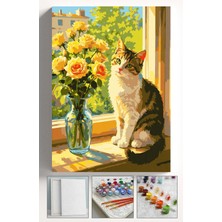 Corvo Sayılarla Boyama Seti Numaralı Tuval Fırça Boya Askı Aparatı Dahil Set 40X50 cm - Sarı Güllü Kedi