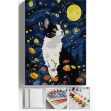 Corvo Sayılarla Boyama Seti Numaralı Tuval Fırça Boya Askı Aparatı Dahil Set 40X50 cm - Gece ve Kedi