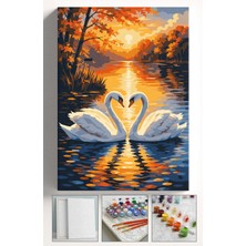 Corvo Sayılarla Boyama Seti Numaralı Tuval Fırça Boya Askı Aparatı Dahil Set 40X50 cm - Kalp Kuğu