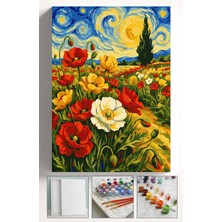 Corvo Sayılarla Boyama Seti Numaralı Tuval Fırça Boya Askı Aparatı Dahil Set 40X50 cm - Yıldızlı Gece Çiçekler