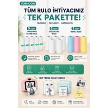 Vothoon 13’lü Mini Yazıcı Termal Rulo Seti Çocuk Kamera Baskı Kağıdı 5 Yapışkanlı 5 Düz Beyaz 3 Renkli