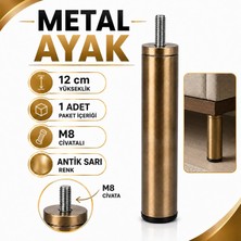 Nzb (1 Adet) Metal Ayak Antik Sarı 12 cm Mobilya Baza Sehpa Dolap Masa Ayağı M8 Civatalı Modern Tasarım