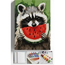 Corvo Sayılarla Boyama Seti Numaralı Tuval Fırça Boya Askı Aparatı Dahil Set 40X50 cm - Karpuz ve Rakun