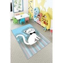 TeknoKapsül Pelangi Mavi Kedi Desenli Yıkanabilir Kaymaz Taban Leke Tutmazbebek ve Çocuk Odası Halısı, Gri-Mavi 160 x 350, 901357023160350
