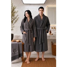 Luna Sacra %100 Bambu Unisex Nakışlı Işlemeli Şal Yaka Yetişkin Bornoz - Saç Havlu Set / Çeyiz Seti