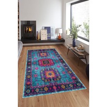TeknoKapsül Pelangi Mavi Eskitme Desenli Çerçeveli Yıkanabilir Kaymaz Taban Leke Tutmaz Modern Salon Halısı ve Yolluk, Mavi 100 x 600, 74571091100600728