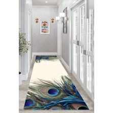 TeknoKapsül Pelangi Tavuskuşu Tüyü Desenli Dijital Baskı Yıkanabilir Kaymaz Taban Modern Salon Halı ve Yolluk, Mavi-Krem 100 x 600, 95543991006007