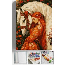 Corvo Sayılarla Boyama Seti Numaralı Tuval Fırça Boya Askı Aparatı Dahil Set 40X50 cm - Turuncu At ve Kadın