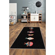 TeknoKapsül Pelangi Siyah Balık Detaylı Yıkanabilir Kaymaz Taban Leke Tutmaz Modern Salon Halısı ve Yolluk, Siyah-Renkli 100 x 600, 135823710060005