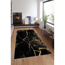 TeknoKapsül Pelangi Siyah Zemin Mermer Desenli Yıkanabilir Kaymaz Taban Leke Tutmaz Modern Salon Halısı ve Yolluk, Siyah-Sarı 180 x 300, 74571140180300728