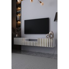 Dekortis Home Dekor 180DHDTDAÇ6BA Aden Duvara Monte Pleksi Desenli Tv Sehpası Beyaz-Altın