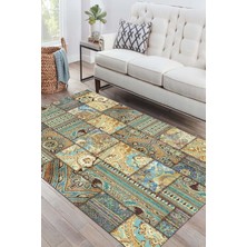 TeknoKapsül Latte Dizayn Node Patchwork Desenli Şönil Pamuk Tabanlı Yıkanabilir Kaymaz Antibakteriyel Salon Halısı 80X300