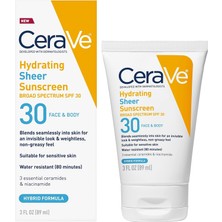 TeknoKapsül Cerave Yüz ve Vücut Için Nemlendirici Şeffaf Güneş Koruyucu Spf 30 | Çinko Oksitli, Hyaluronik Asit, Niasinamidler ve Seramitler Içeren Mineral ve Kimyasal Güneş Kremi | Paraben Içermez Kokusuz | 3 Oz