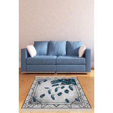 TeknoKapsül Pelangi Kuş Tüyü Desenli Çerçeveli Dijital Baskı Yıkanabilir Kaymaz Taban Salon Halısı ve Yolluk, Mavi 180 x 300