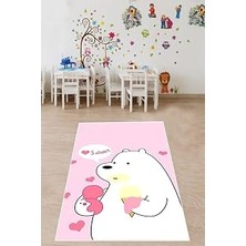 TeknoKapsül Pelangi Sevimli Ayı Desenli Halı Dijital Baskı Yıkanabilir Kaymaz Taban Leke Tutmaz Çocuk Odası Halısı, Pembe-Beyaz 100 x 600