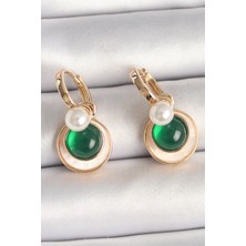 Clariss Pirinç Gold Renk Beyaz Yeşil Sallantı Mineli Kadın Küpe
