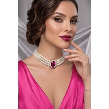 BB Bridal Boutique Oval Taşlı Cam Incili Choker Kolye, Tasma Kolye, Gümüş Kaplama Tasarım Kolye, Şık Kolye, Kolye