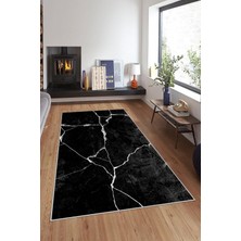 TeknoKapsül Pelangi Siyah Zemin Mermer Desenli Yıkanabilir Kaymaz Taban Leke Tutmaz Modern Salon Halısı ve Yolluk, Siyah-Beyaz 180 x 300, 74571143180300728