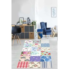 TeknoKapsül Pelangi Patchwork Kırkyama Desenli Güllü Yıkanabilir Kaymaz Taban Leke Tutmaz Salon Halısı Yoluk, Mavi-Beyaz 160 x 350