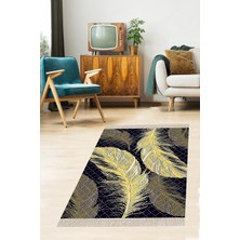 TeknoKapsül Pelangi Kuş Tüyü Desenli Gold Geometrik Dijital Baskı Yıkanabilir Modern Salon Halı ve Yolluk, Siyah-Sarı 180 x 280