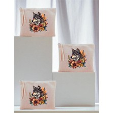 TeknoKapsül Çiçekli Kurt Baskılı 3'lü Makyaj Çantası 20X25 cm - Kadın Doğum Günü Hediyesi, LH92374028523512312