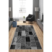 TeknoKapsül Pelangi Gri Patchwork Kırkyama Desen Yıkanabilir Kaymaz Taban Leke Tutmaz Modern Salon Halısı ve Yolluk, Siyah-Antrasit 160 x 350, 1358172160350728