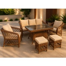 Bn Garden Mystro Kahverengi Rattan 3+1+1 Camlı Masa +2 Puf Balkon Bahçe Oturma Grubu