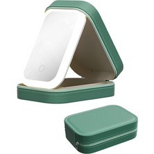 TeknoKapsül Işıklı Aynalı Kozmetik Çantası, Taşınabilir Kozmetik Çantası, 3 Renkli LED Işık, Bölmeli ve Işıklı Aynalı, Yeşil., TWK-001