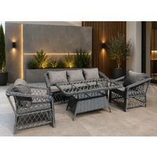 Bn Garden Mystro Gri Rattan 3+1+1 Camlı Masa +2 Puf Balkon Bahçe Oturma Grubu