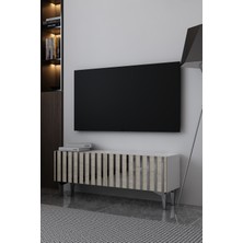 Dekortis Home Dekor 120DHDTS6BTG Aden Pleksi Desenli Tv Sehpası Beyaz-Traverten-Gümüş