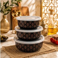 Alev Emaye 3’lü Saklama Kabı Seti 700-1000-1200 ml | Siyah Gold Desenli | Kapaklı Erzak ve Gıda Saklama Kabı