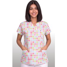 Deniz İş Kadın V Yaka Yarasa Kol Kare Desenli Beyaz Terycotton Kumaş Doktor Hemşire Scrubs Forma Tek Üst