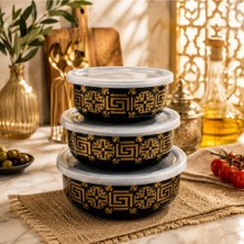 Alev Emaye 3’lü Saklama Kabı Seti 700-1000-1200 ml | Siyah Gold Desenli | Kapaklı Erzak ve Gıda Saklama Kabı
