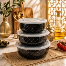 Alev Emaye 3’lü Saklama Kabı Seti 700-1000-1200 ml | Siyah Gold Desenli | Kapaklı Erzak ve Gıda Saklama Kabı
