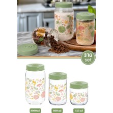 Flora 3’lü Desenli Cam Baharatlık Seti, Kapaklı Çay Şeker Kahve Baharat Saklama Kabı (1000+660+425ML)