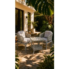 Çavdar Group Cenevre Raddan 1+1 Bistro Set Minderli 2 Kişilik Raddan Oturma Grubu Camlı Sehpa Bahçe Balkon Teras Set